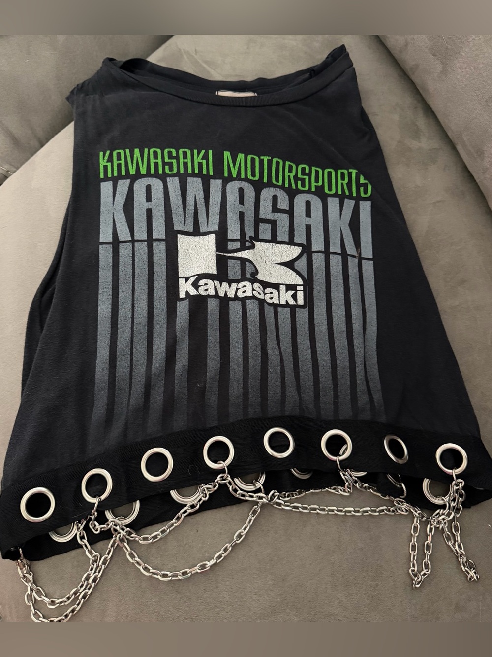 LF Furst of a Kind Kawasaki Black Graphic Tank Top with Grommet & Chain Detail